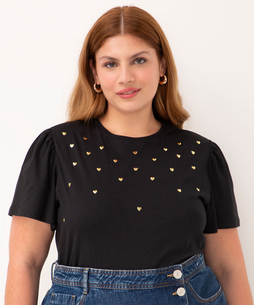 blusa corações plus size manga bufante preto