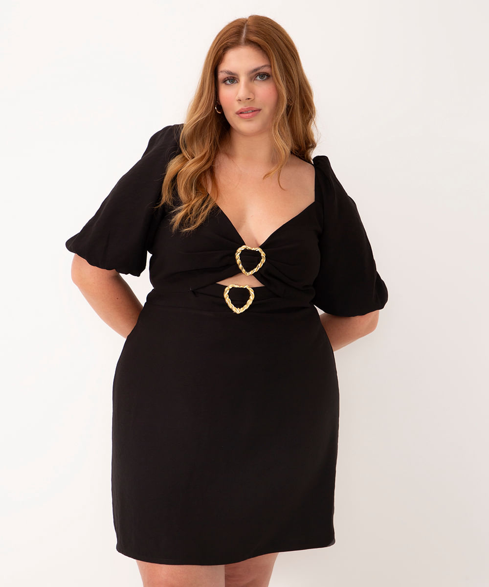 vestido curto plus size fivela coração manga bufante preto