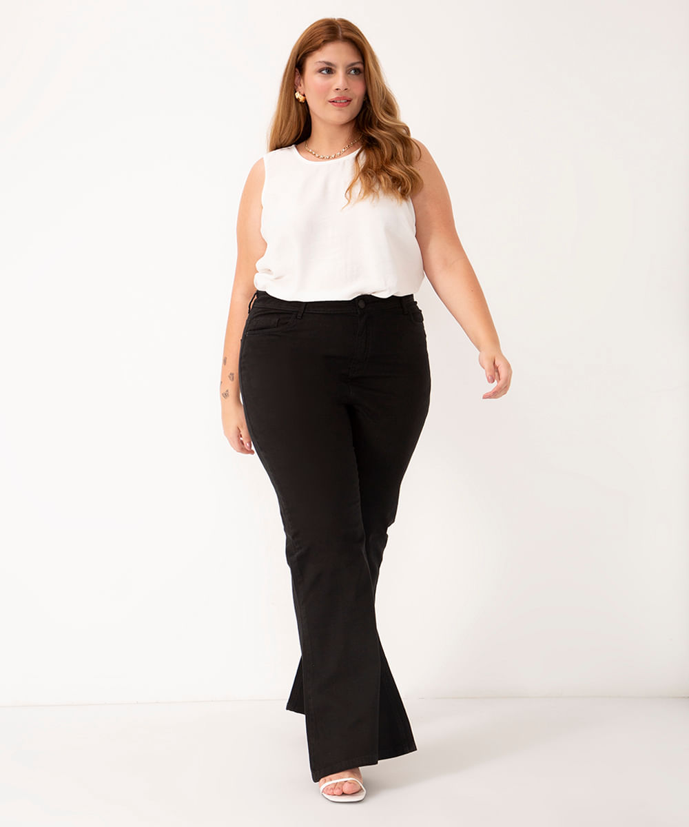 calça jeans flare plus size com elástico preto