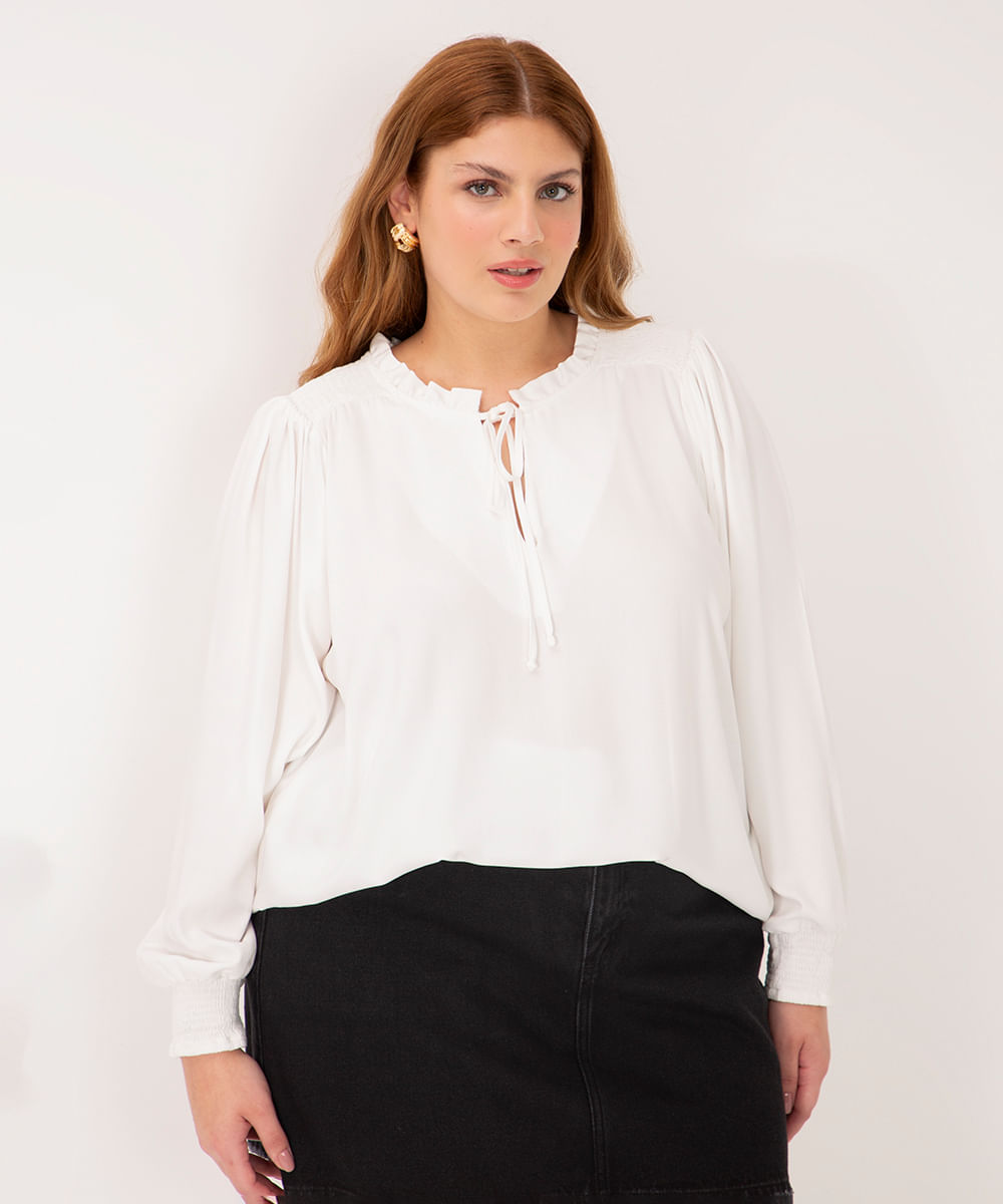 blusa plus size decote v manga longa bufante off white