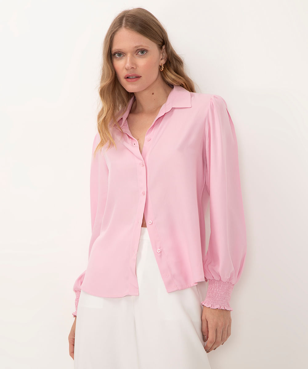 camisa de viscose manga longa bufante rosa