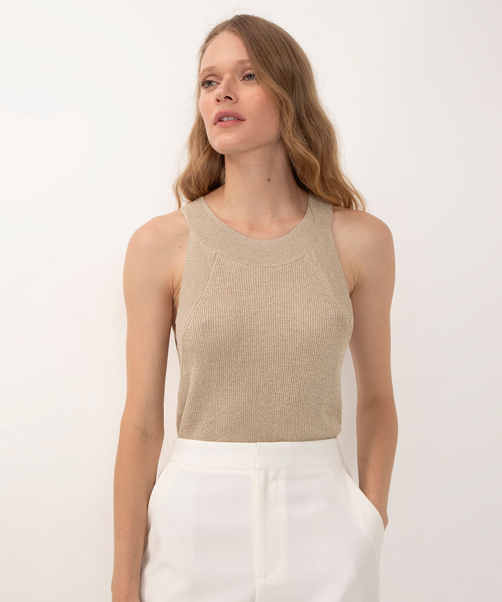 regata de tricot halter neck metalizada dourado