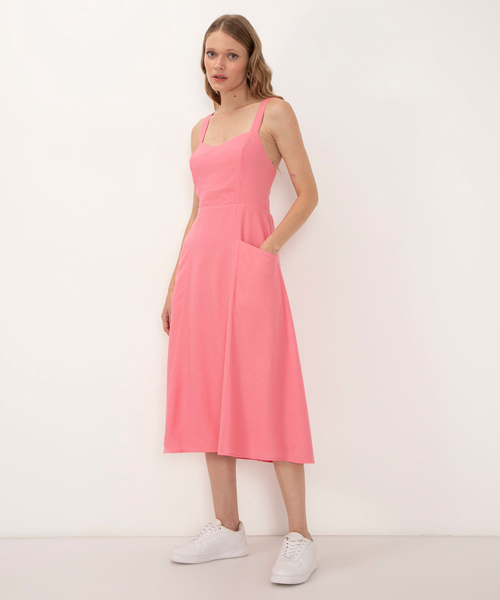 vestido midi com linho alça média pink médio