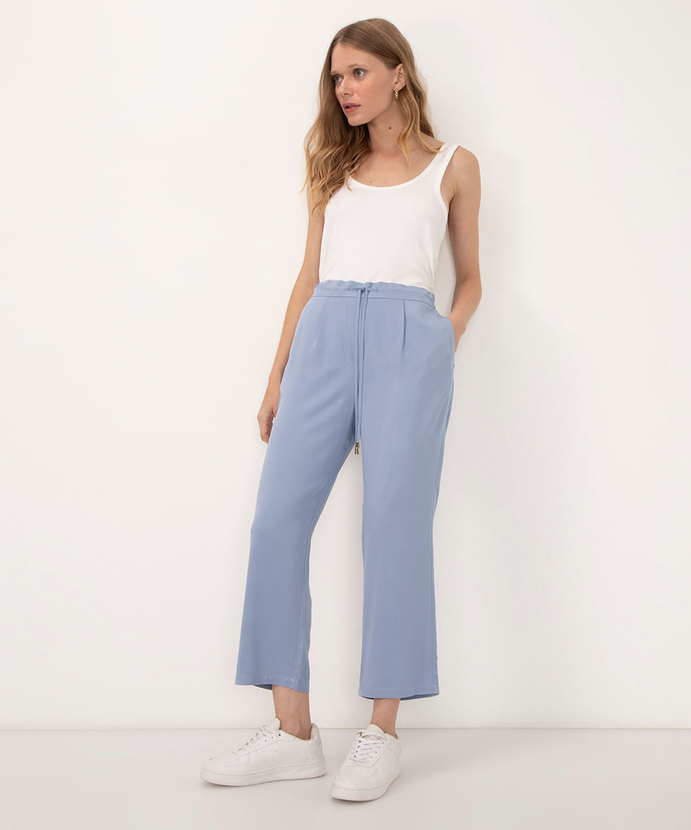 calça jogger de viscose cintura alta com bolsos azul claro