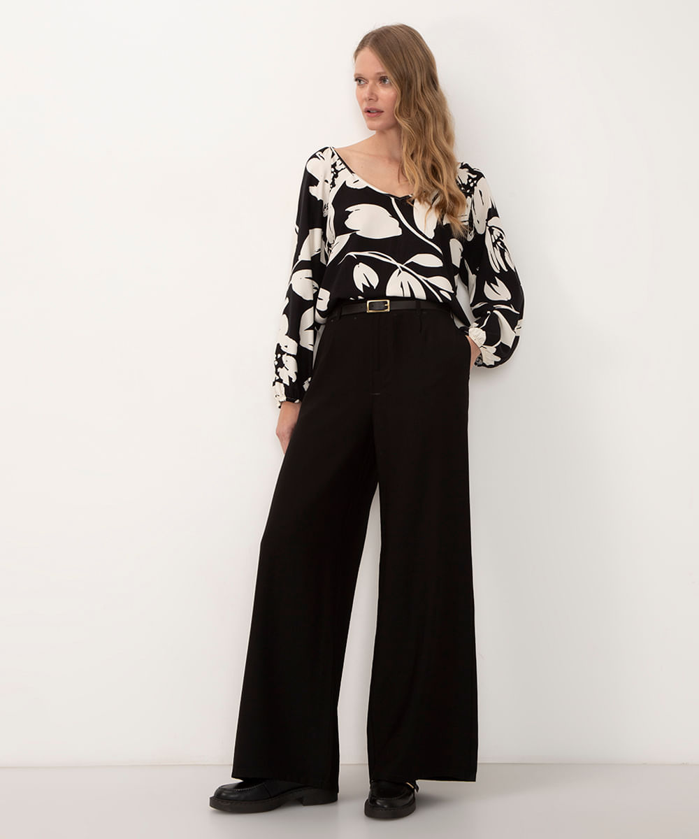 calça wide leg alfaiatada cintura alta com cinto preta