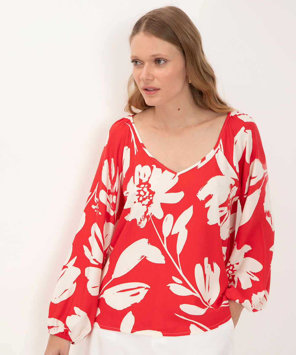 blusa de viscose floral manga longa com elástico vermelho escuro