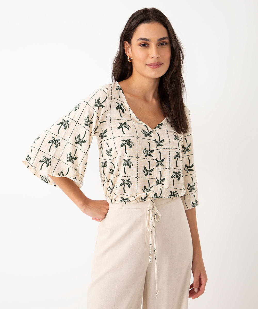 blusa de viscose coqueiros botões manga ampla verde