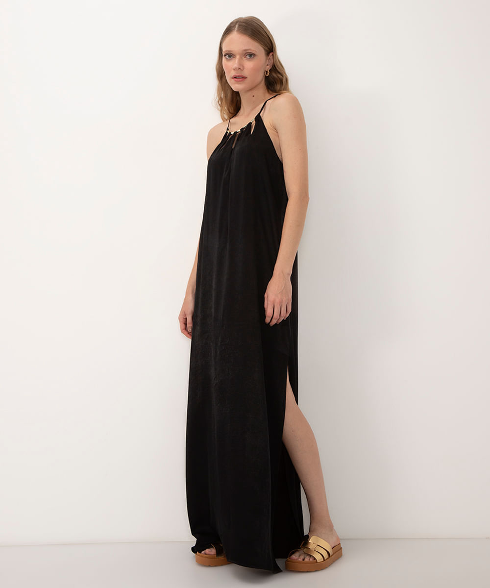 vestido longo halter neck com metal recorte e fenda preto