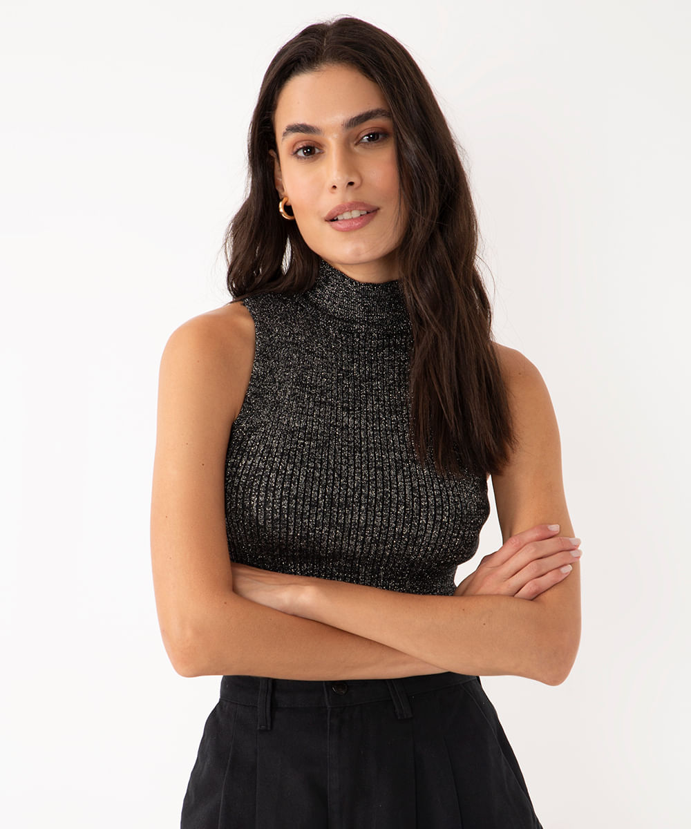 blusa gola alta de tricot lurex preto