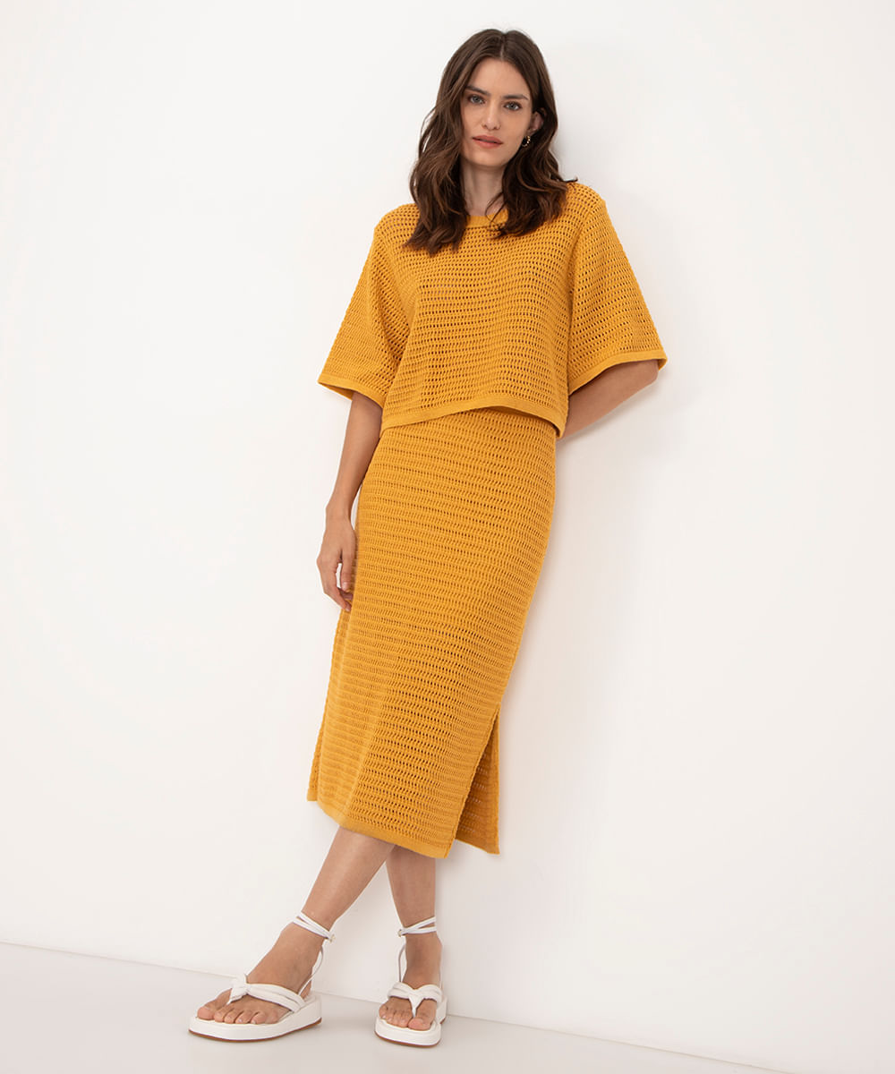 saia midi de tricot com fenda amarelo