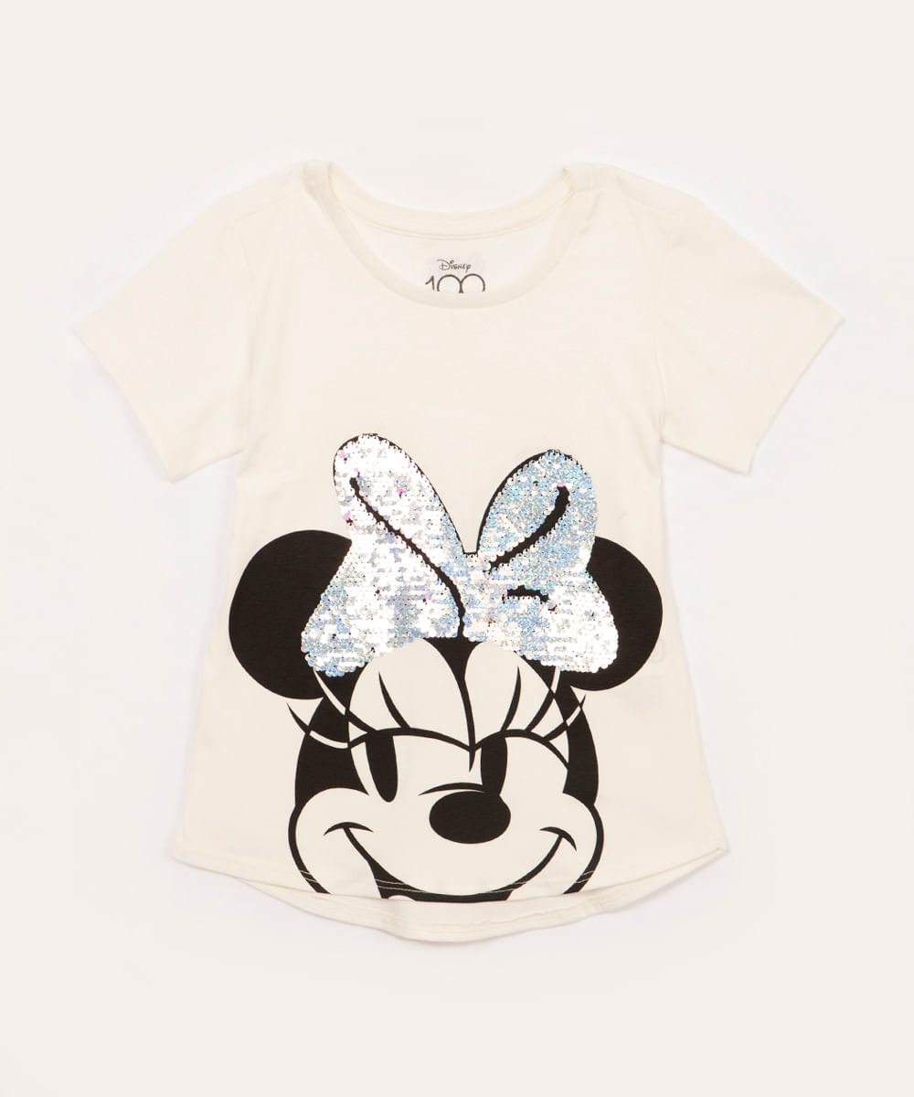 camiseta de algodão infantil minnie paetê manga curta bruna tavares disney off white