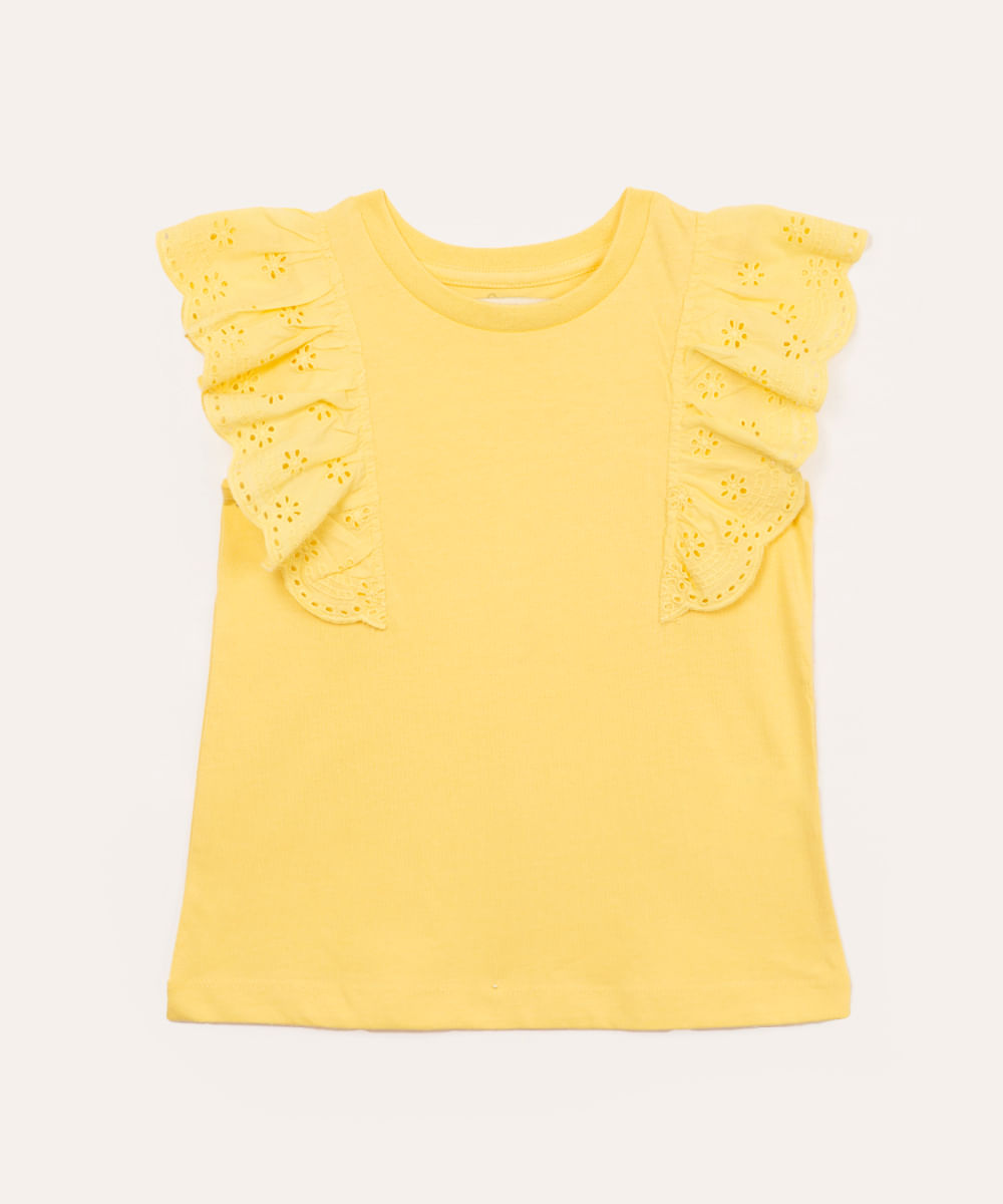 blusa de algodão infantil com babado de laise amarelo