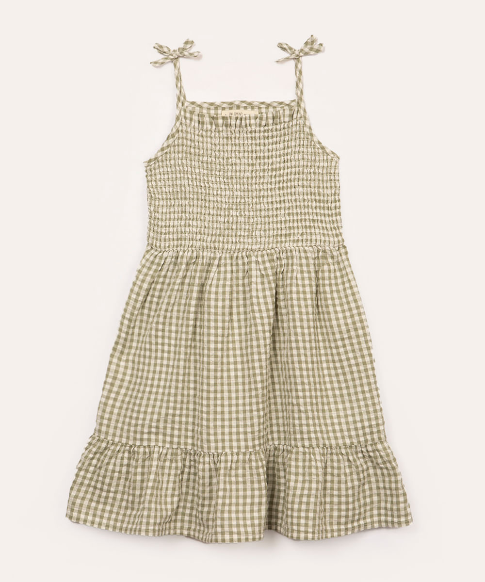 vestido de algodão infantil xadrez com laço verde