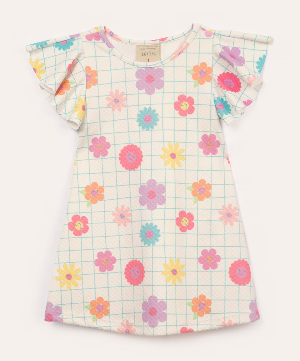 vestido infantil floral manga curta com babado off white