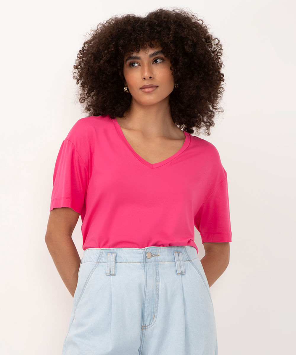 camiseta básica viscose decote v manga curta pink