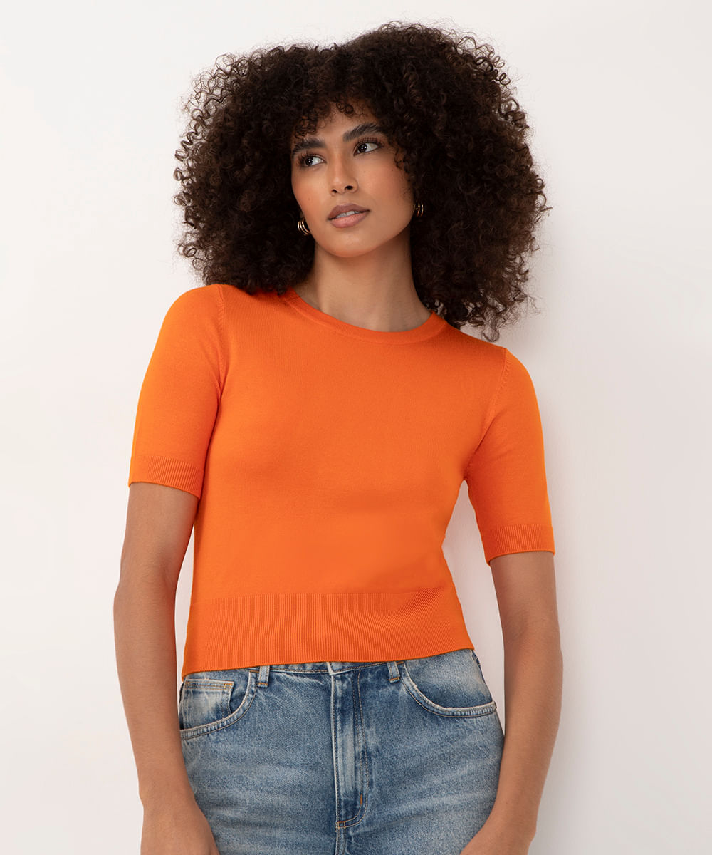 blusa cropped de tricot manga curta laranja médio