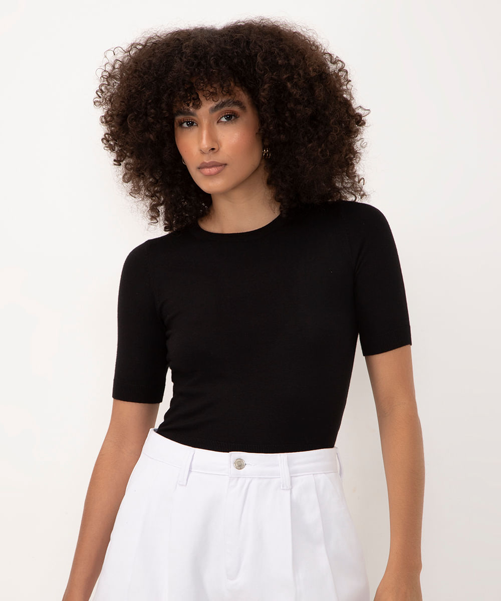 blusa cropped de tricot manga curta vermelho - preto