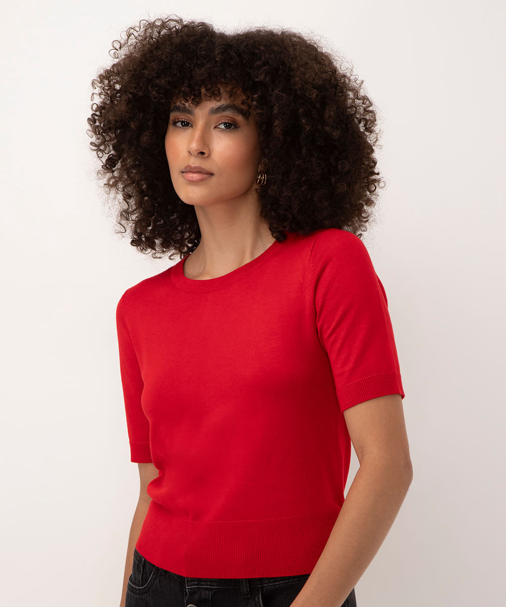 blusa cropped de tricot manga curta vermelho - vermelho escuro