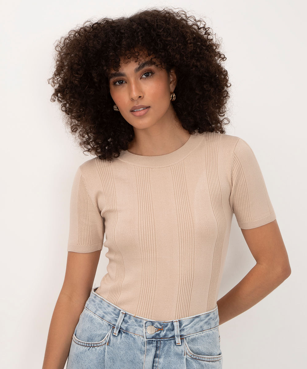 blusa de tricot canelada manga curta areia