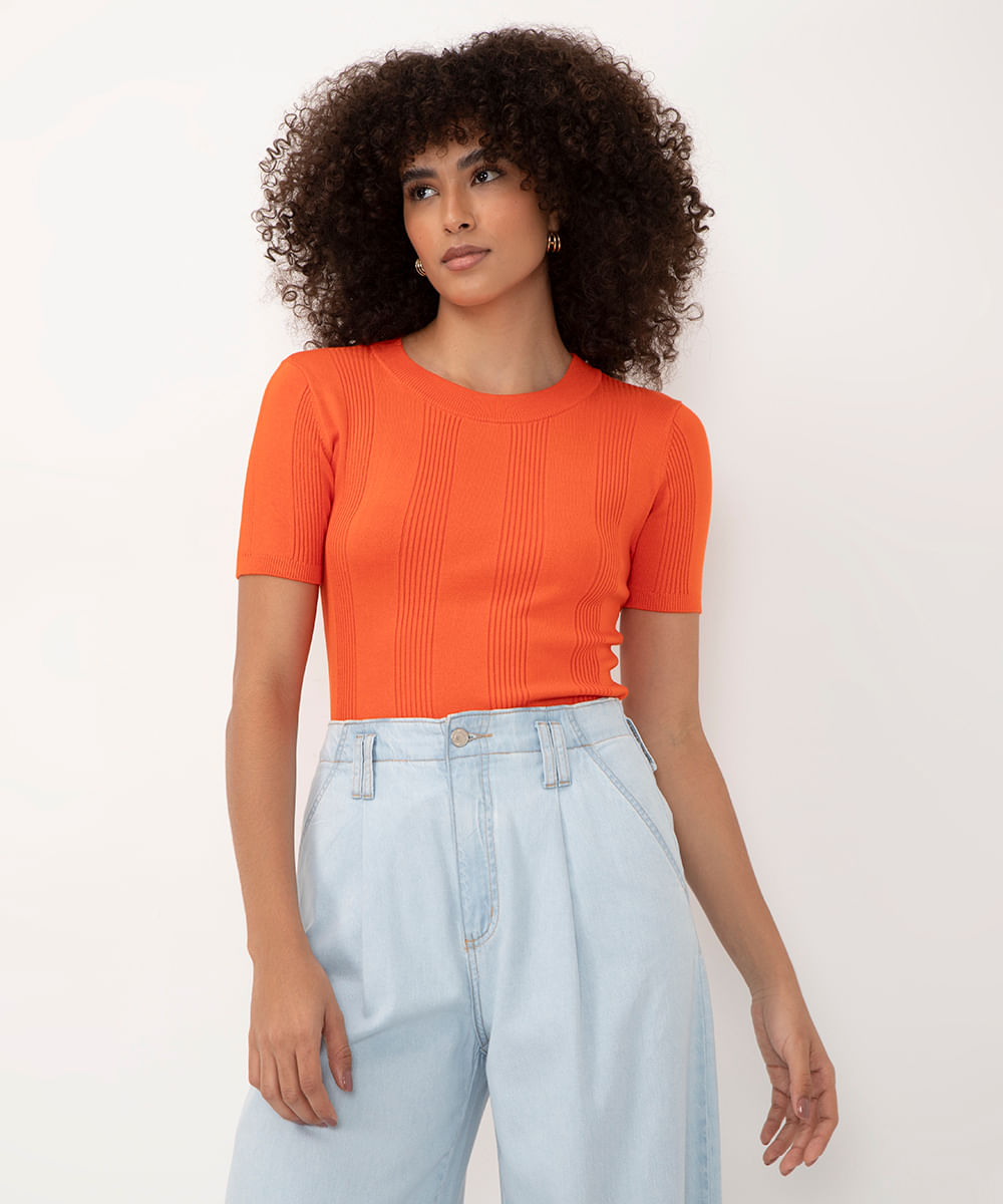 blusa de tricot canelada manga curta coral