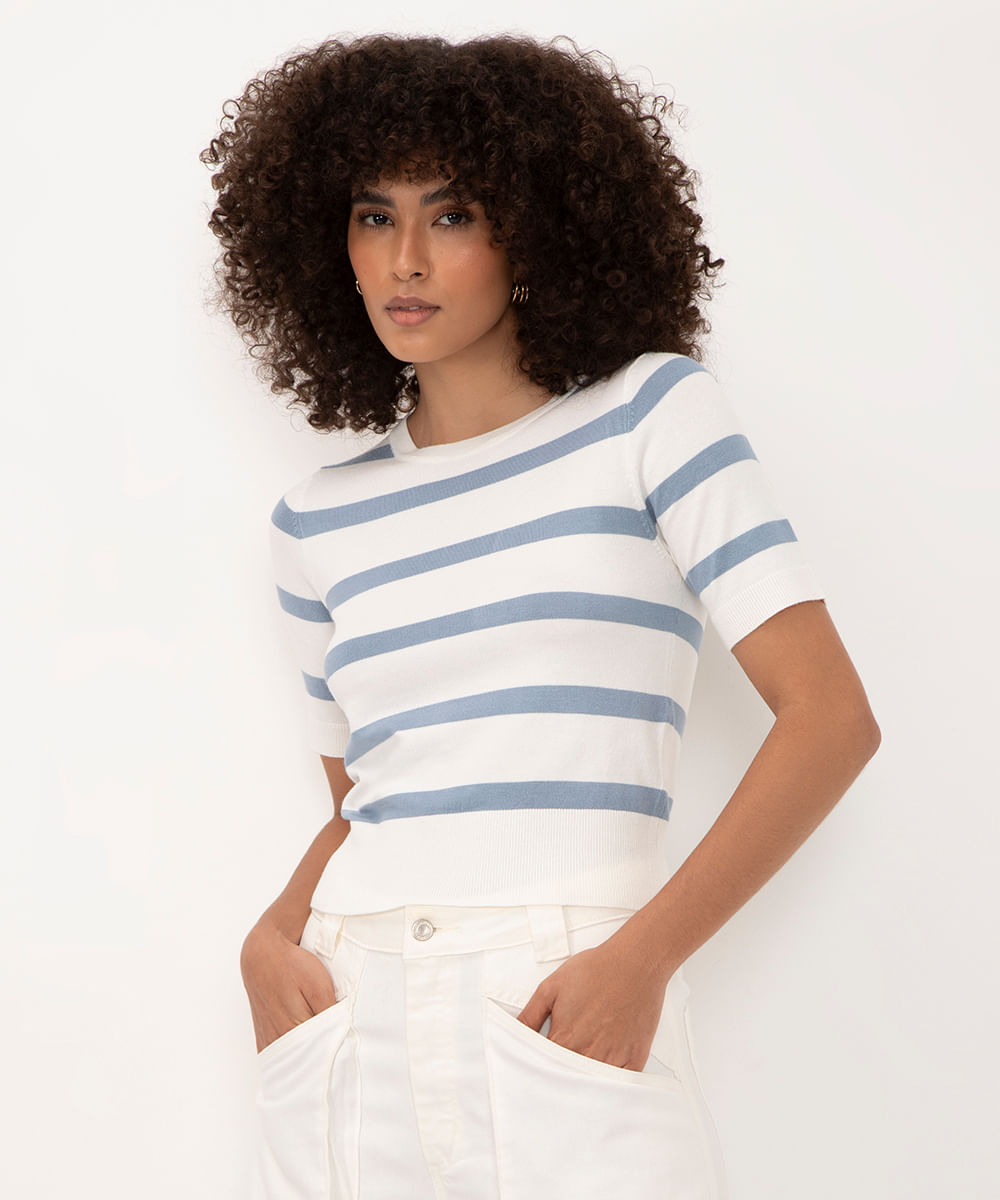 blusa de tricot manga curta listrada azul