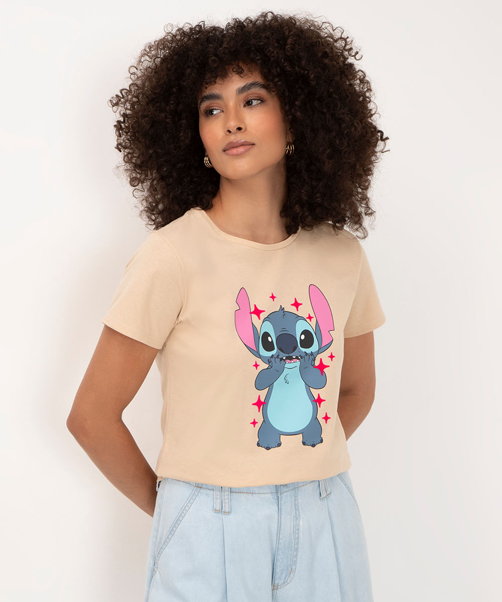 camiseta de algodão stitch manga curta bege