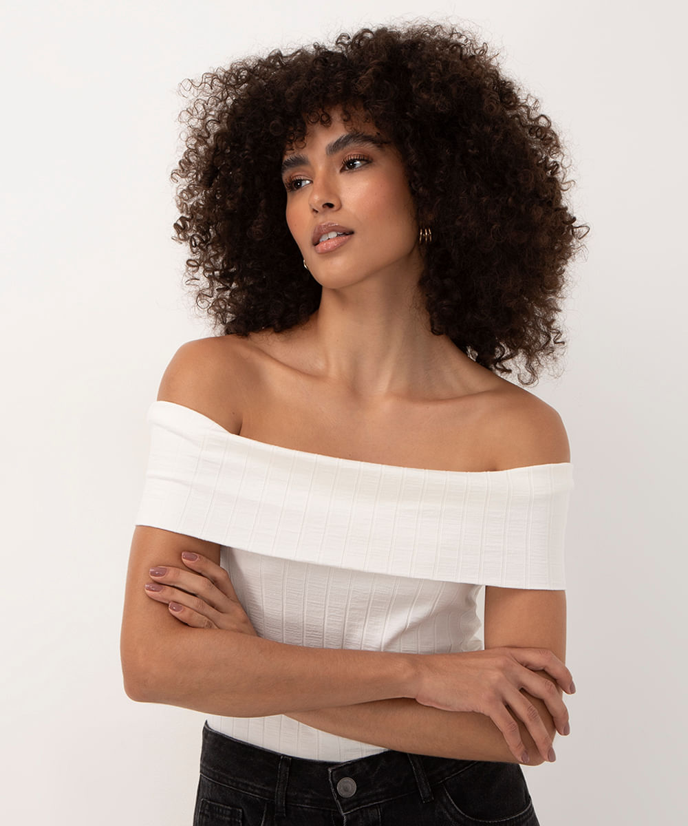 blusa de algodão listrada ombro a ombro off white