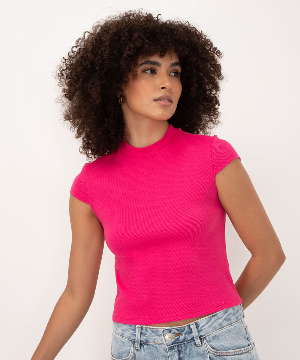 blusa de algodão gola alta manga curta rosa