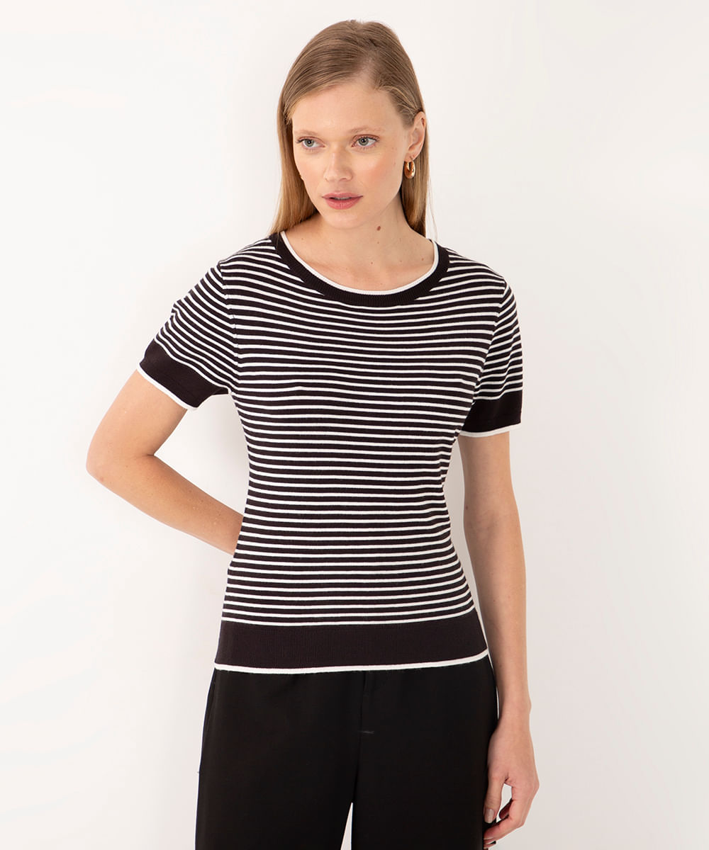 blusa de tricot listrada manga curta preto