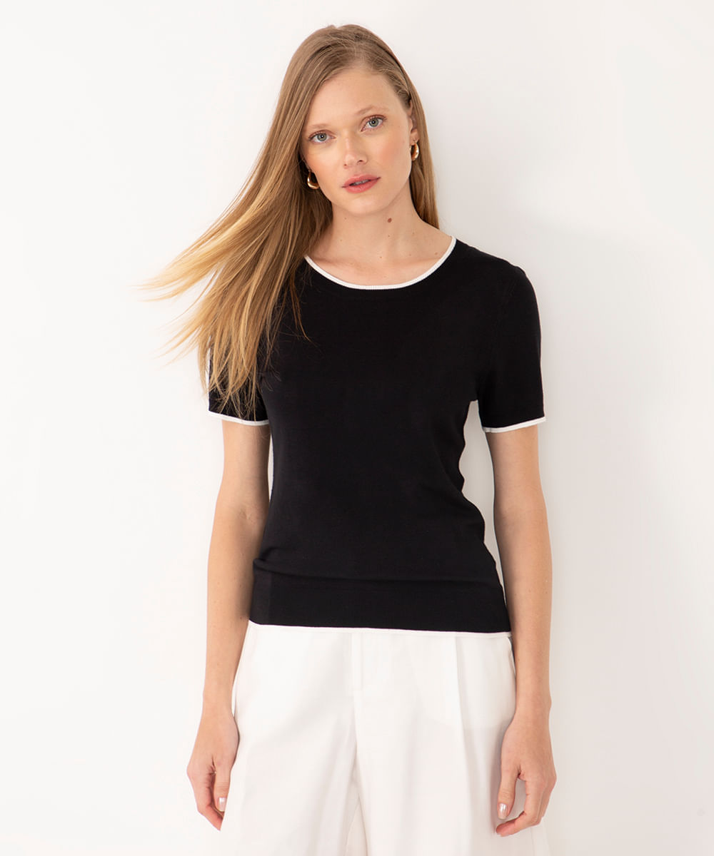 blusa de tricot manga curta listra - preto