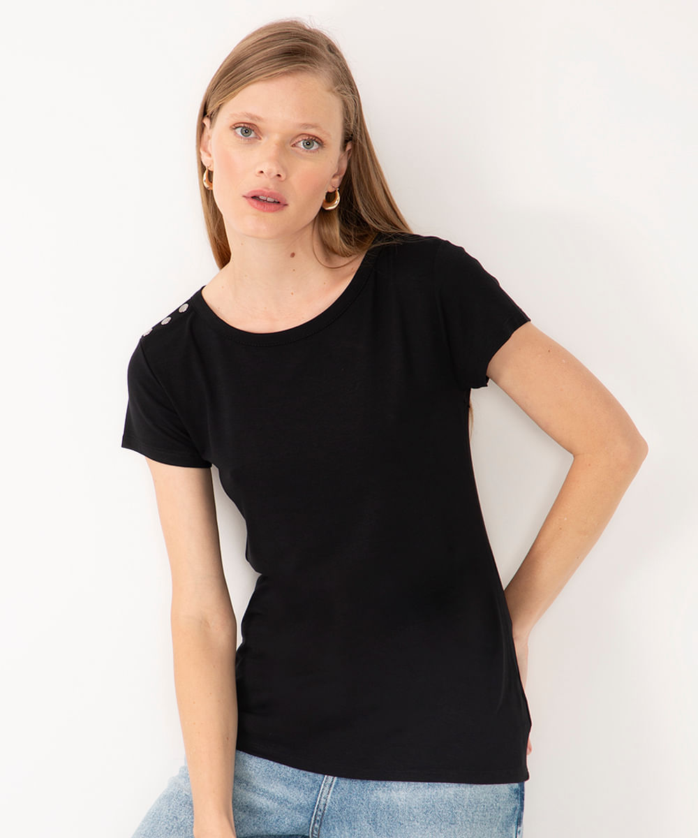 blusa de viscose com botões manga curta preto