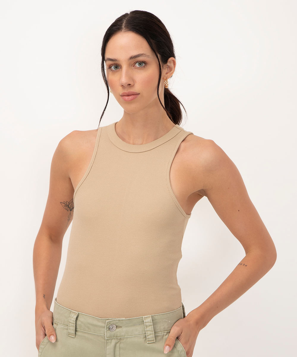 regata de algodão halter neck kaki