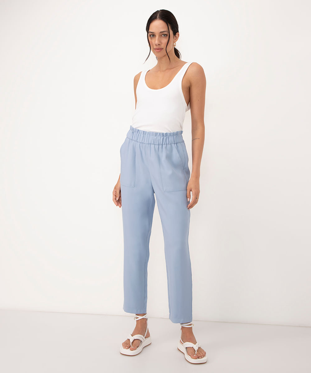 calça clochard de viscose cintura alta azul