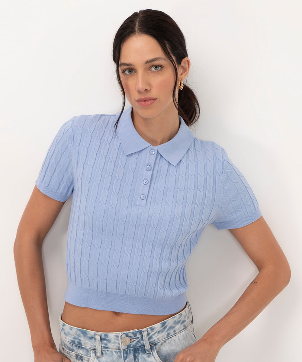 polo cropped texturizada manga curta azul