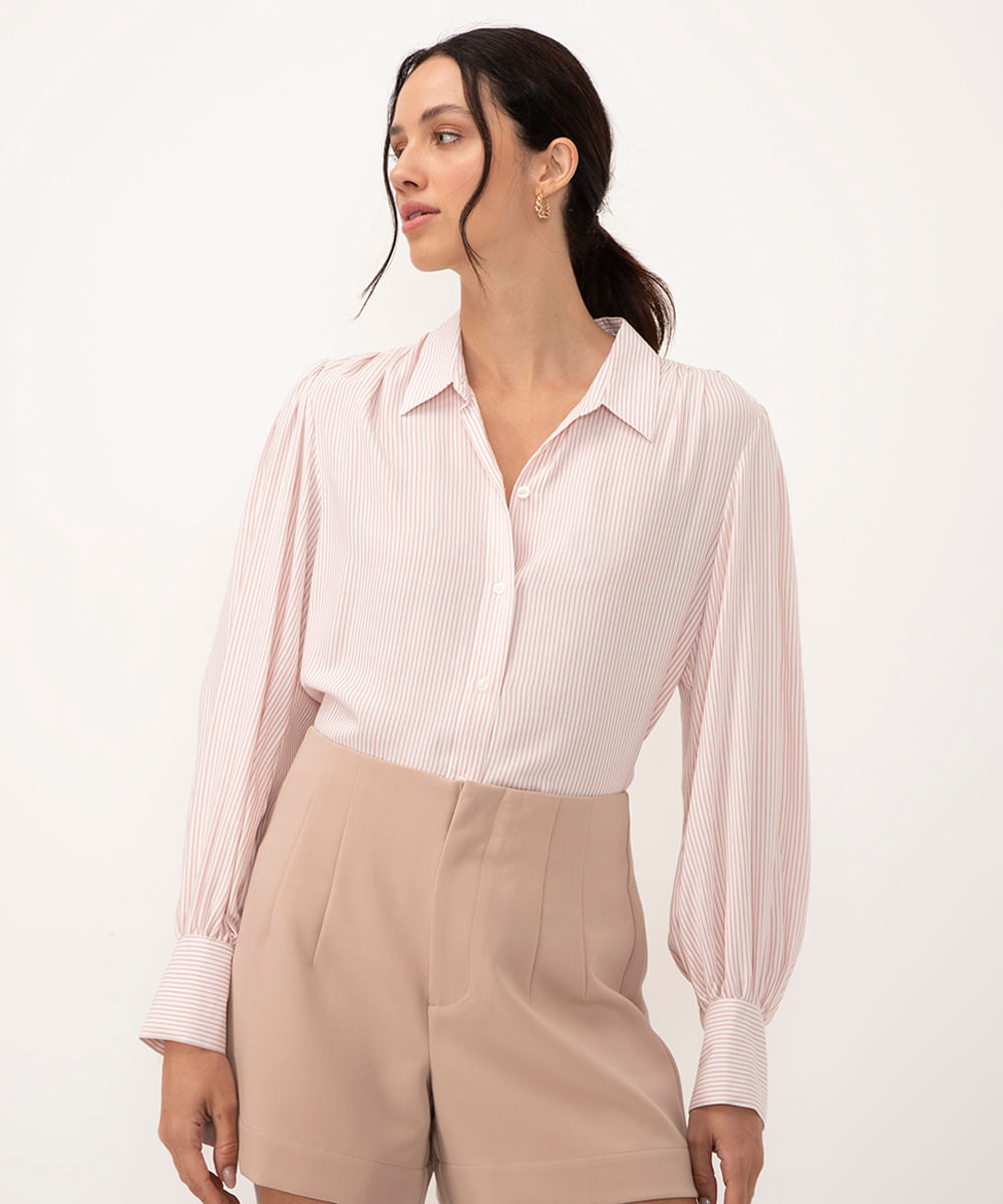 camisa de viscose listrada manga longa rosê