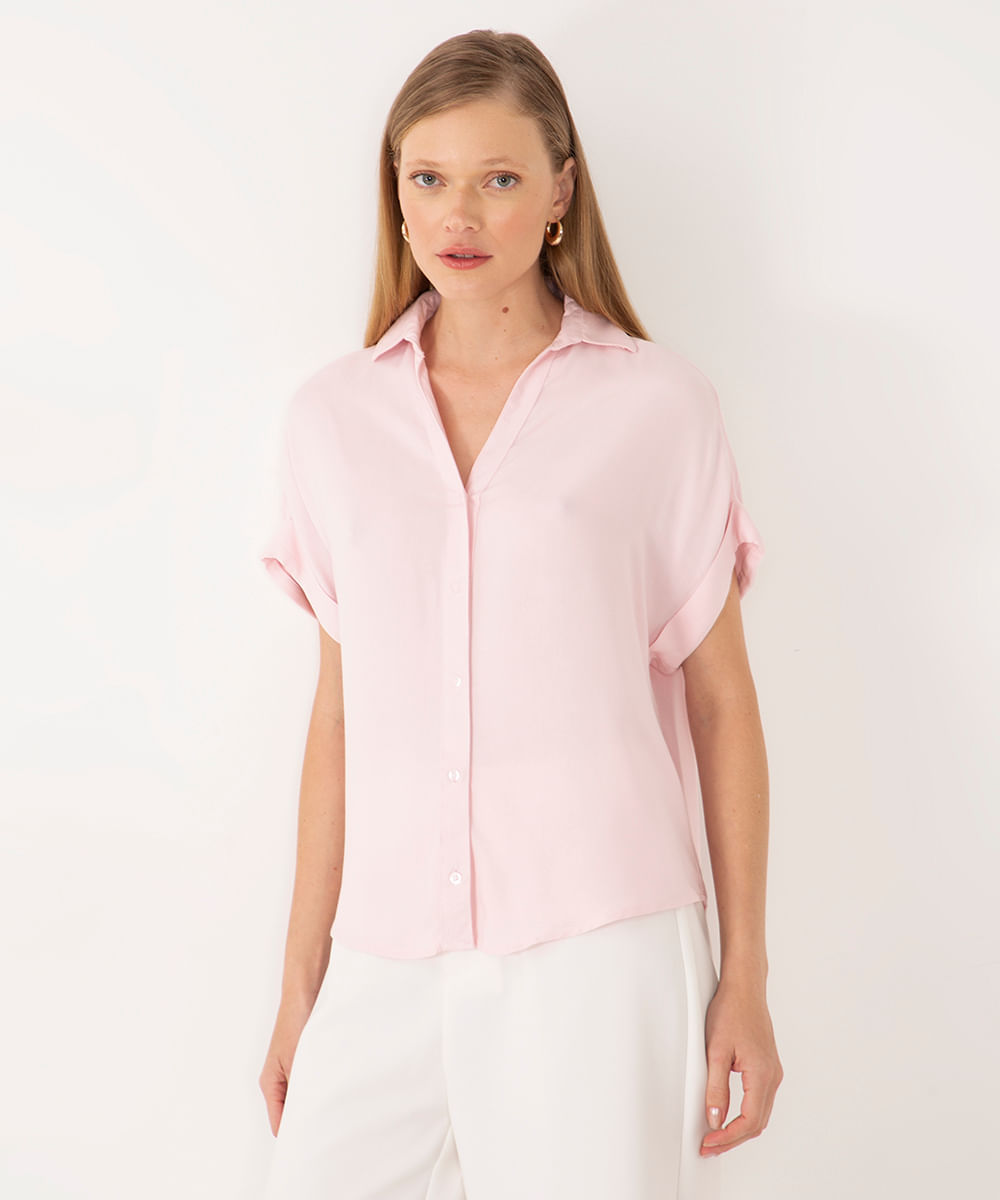 camisa de viscose manga curta rosa claro