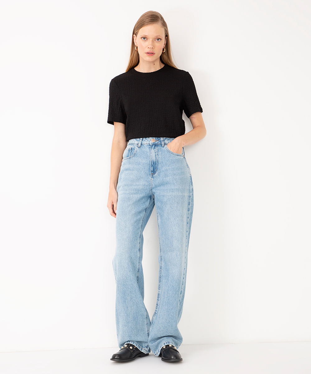 calça jeans wide leg slim cintura super alta azul claro