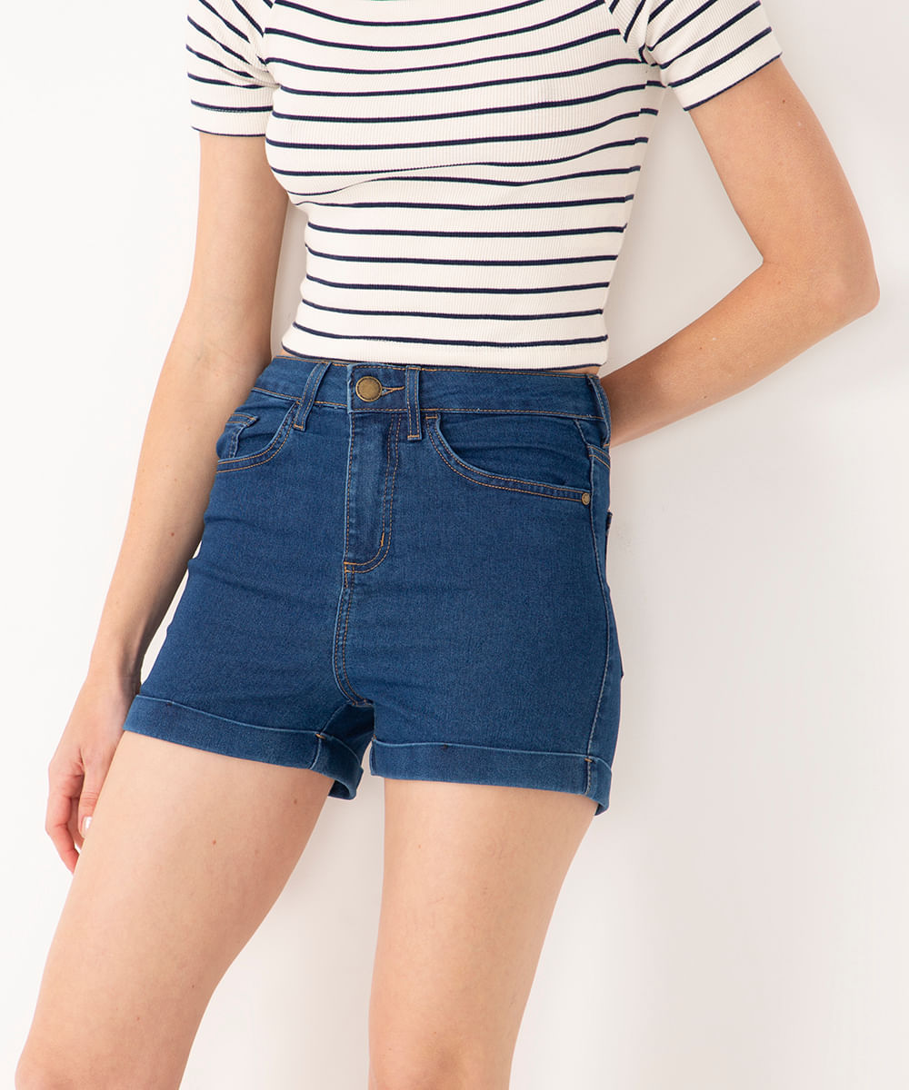 short jeans hot pant cintura super alta azul médio