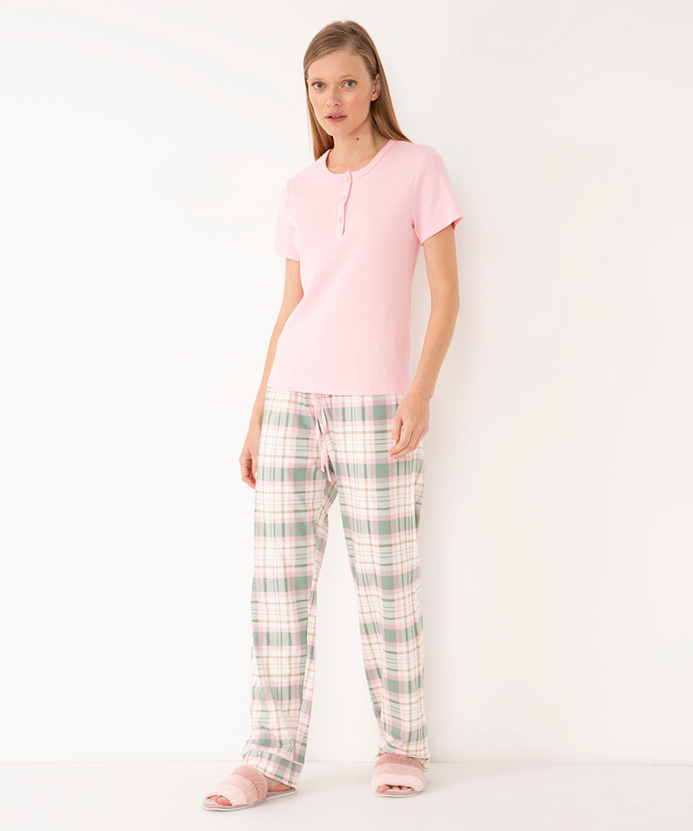pijama de algodão xadrez manga curta rosa