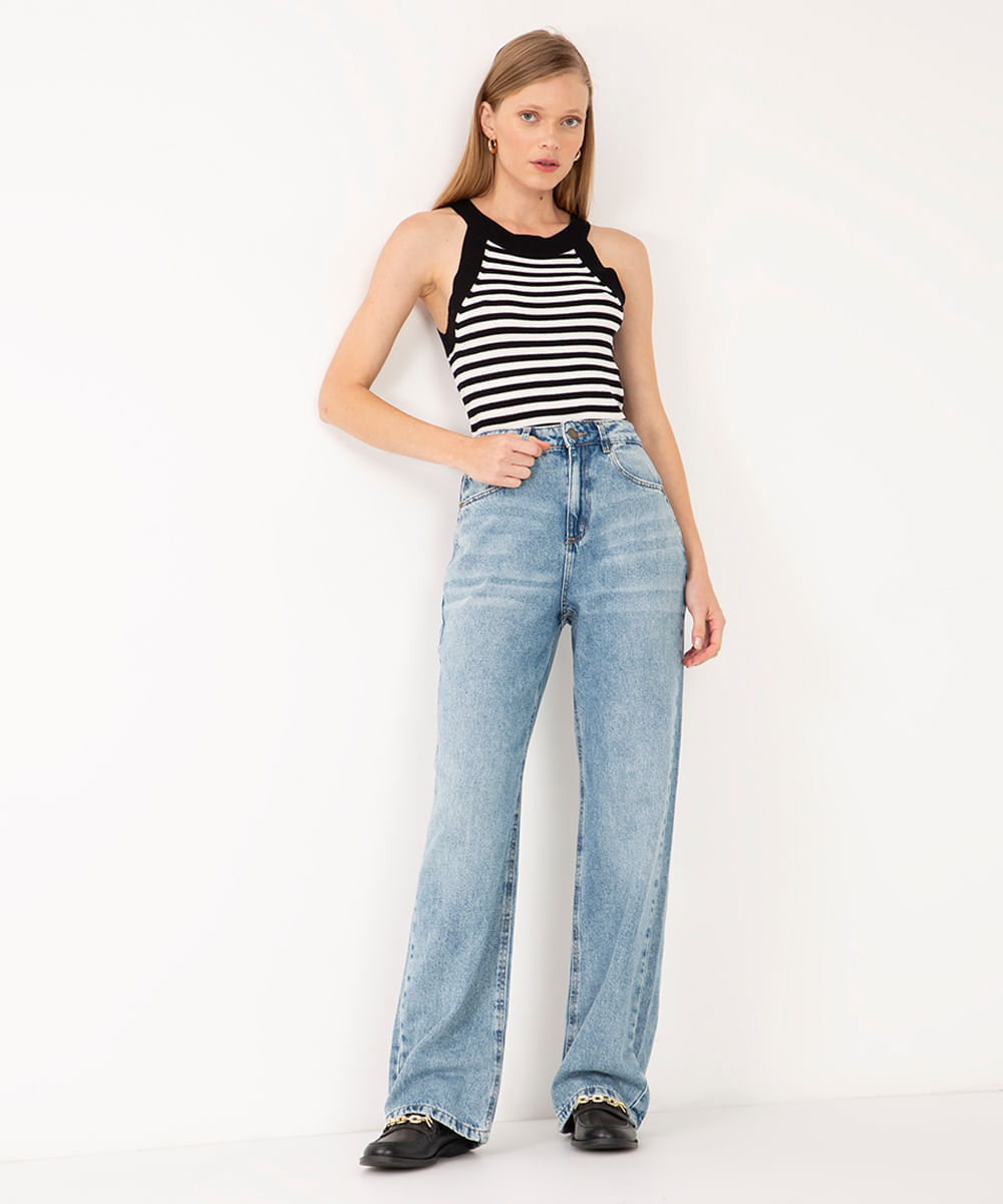 calça jeans wide leg slim cintura super alta azul escuro