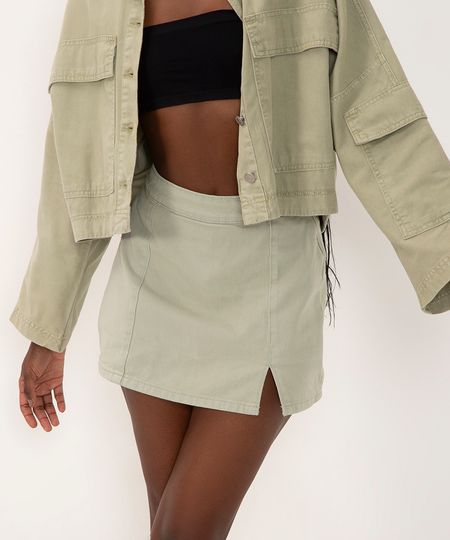 short saia de sarja cintura alta com fenda verde claro 34