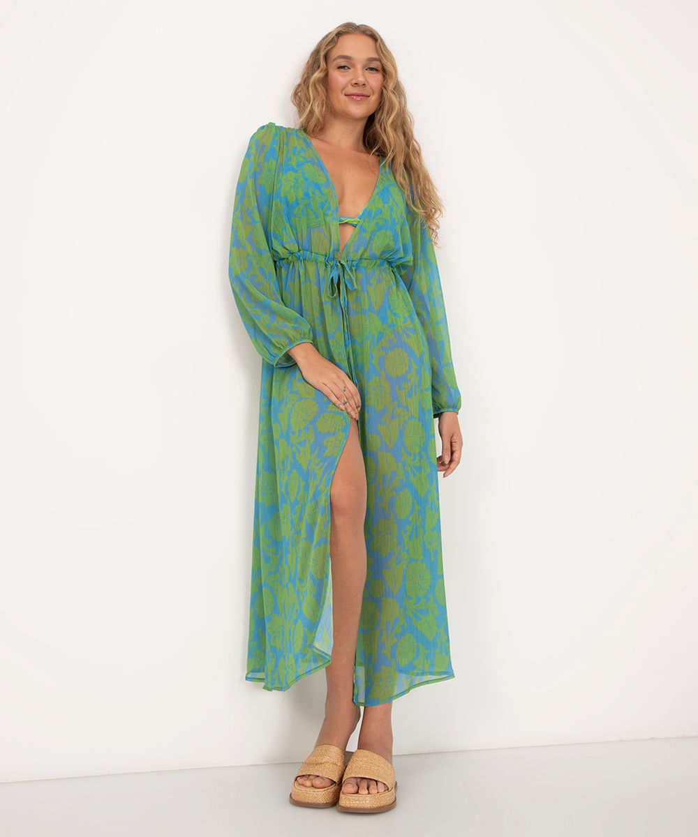 kaftan longo floral manga longa bufante clube bossa azul claro