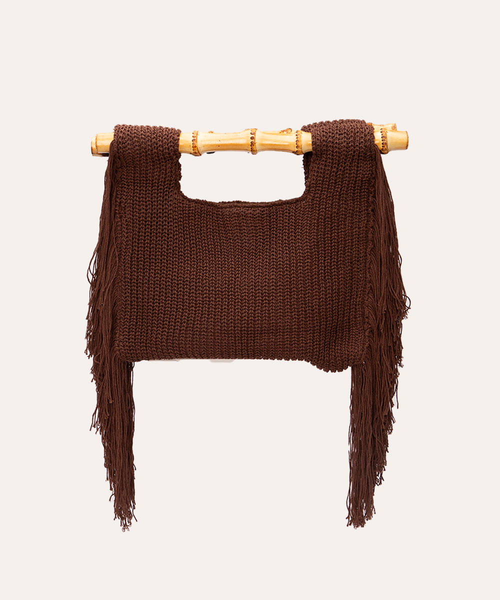 bolsa clutch de crochê franjas alça de bambu al mare collezione marrom escuro