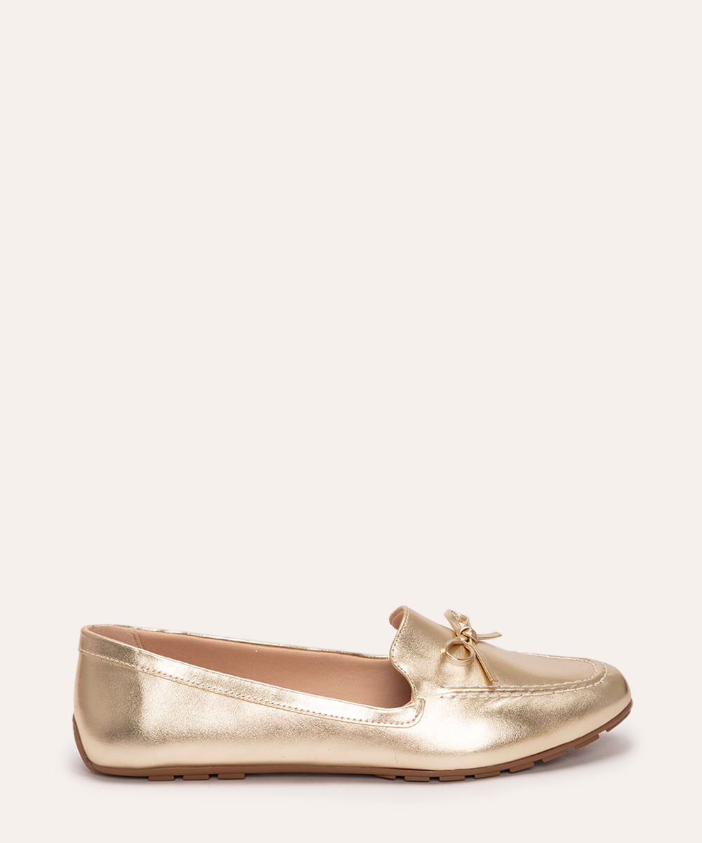 mocassim metalizado com laço oneself dourado