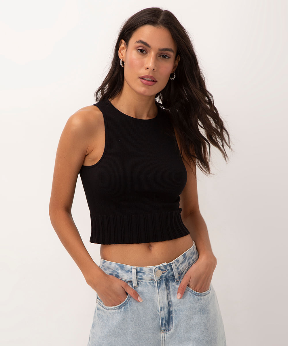 cropped canelado halter neck alça média preto