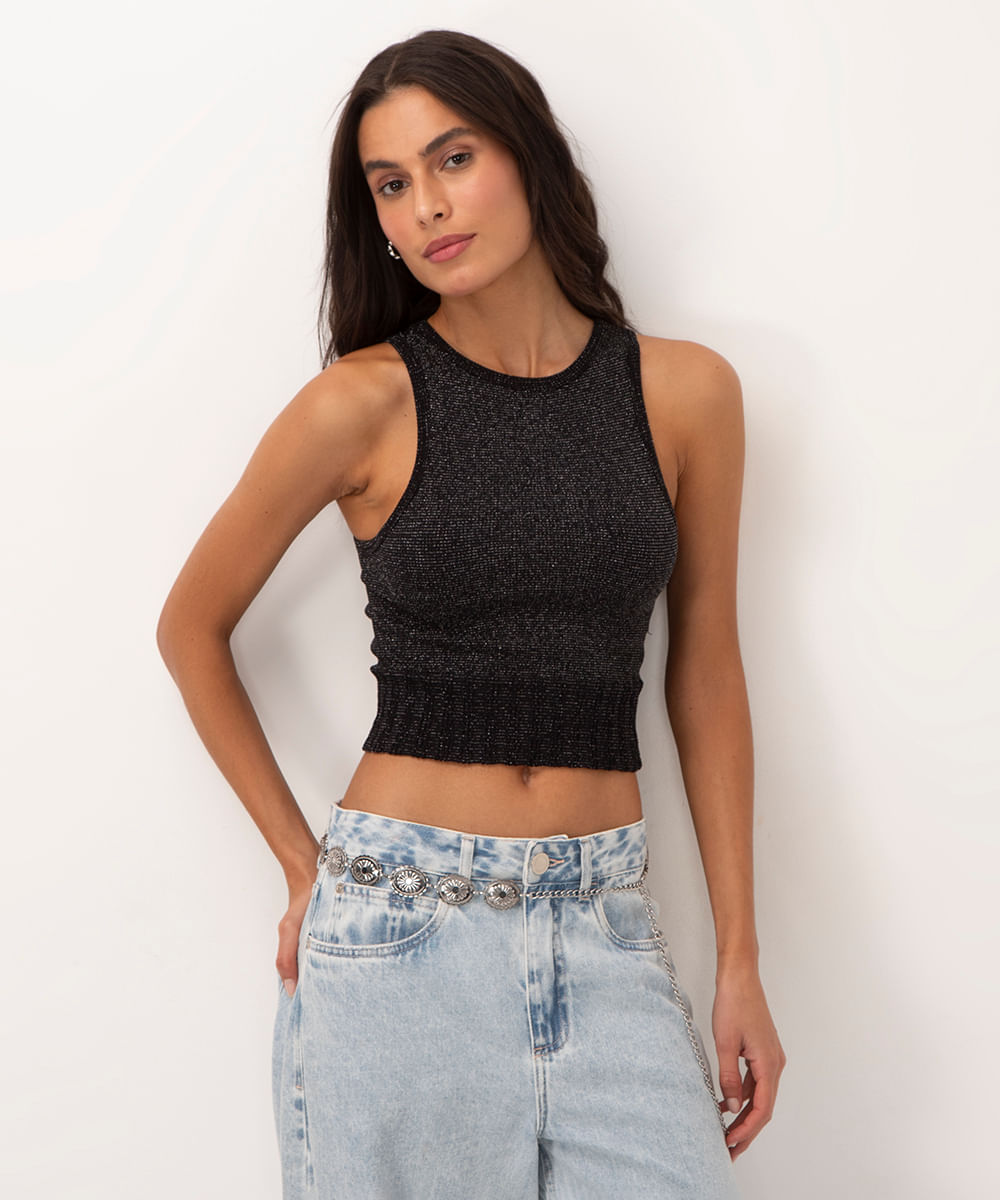 cropped lurex halter neck alça média preto