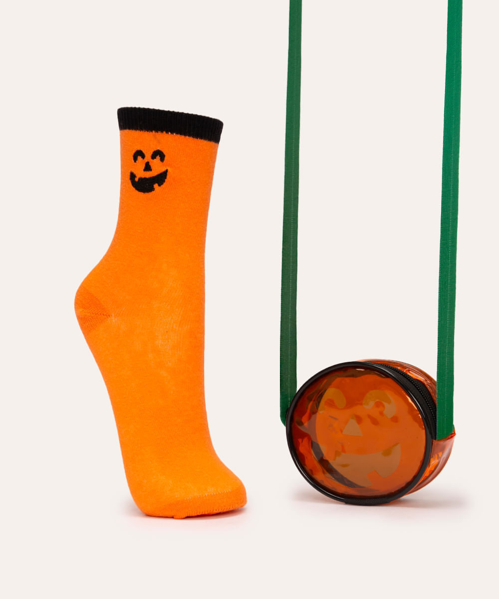 meia infantil cano alto halloween com bolsinha laranja