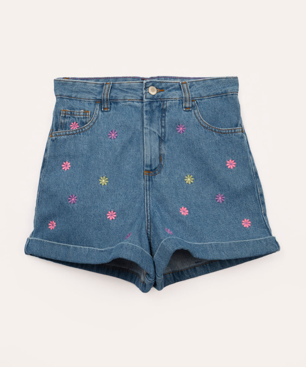 bermuda jeans mom infantil com bordado floral azul médio