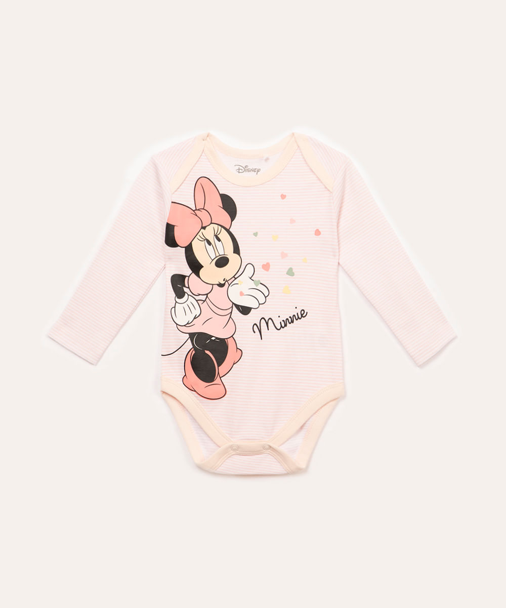 body de algodão infantil minnie listrado manga longa rosa claro