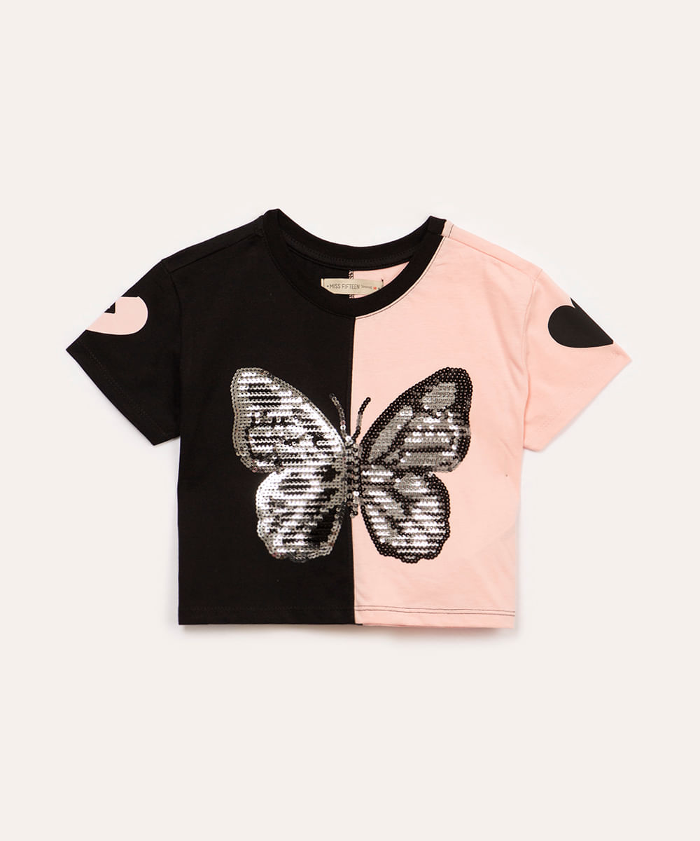 blusa de algodão juvenil borboleta paetê com recorte manga curta rosa